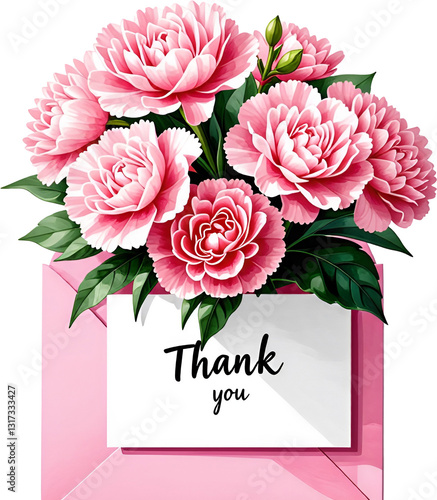 Thank you card with pink carnations on transparent background. png