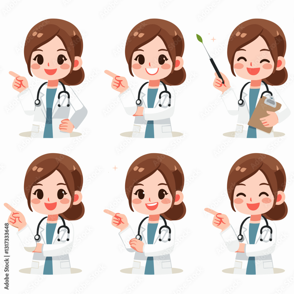 Collection of cheerful female doctors in various poses with clinical attire Collection of cheerful female doctors in various poses with clinical attire