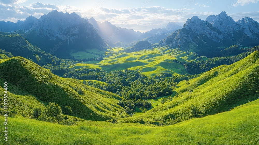 Fototapeta premium Sunlit green valley nestled within majestic mountain range
