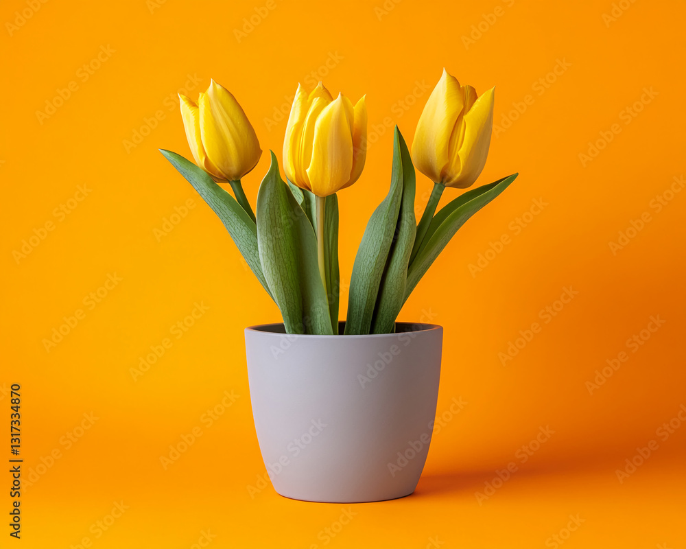 Obraz premium Three yellow tulips in a gray pot against an orange background Simple, elegant flower arrangement, showcasing freshness and spring feeling, perfect for greeting card or website design
