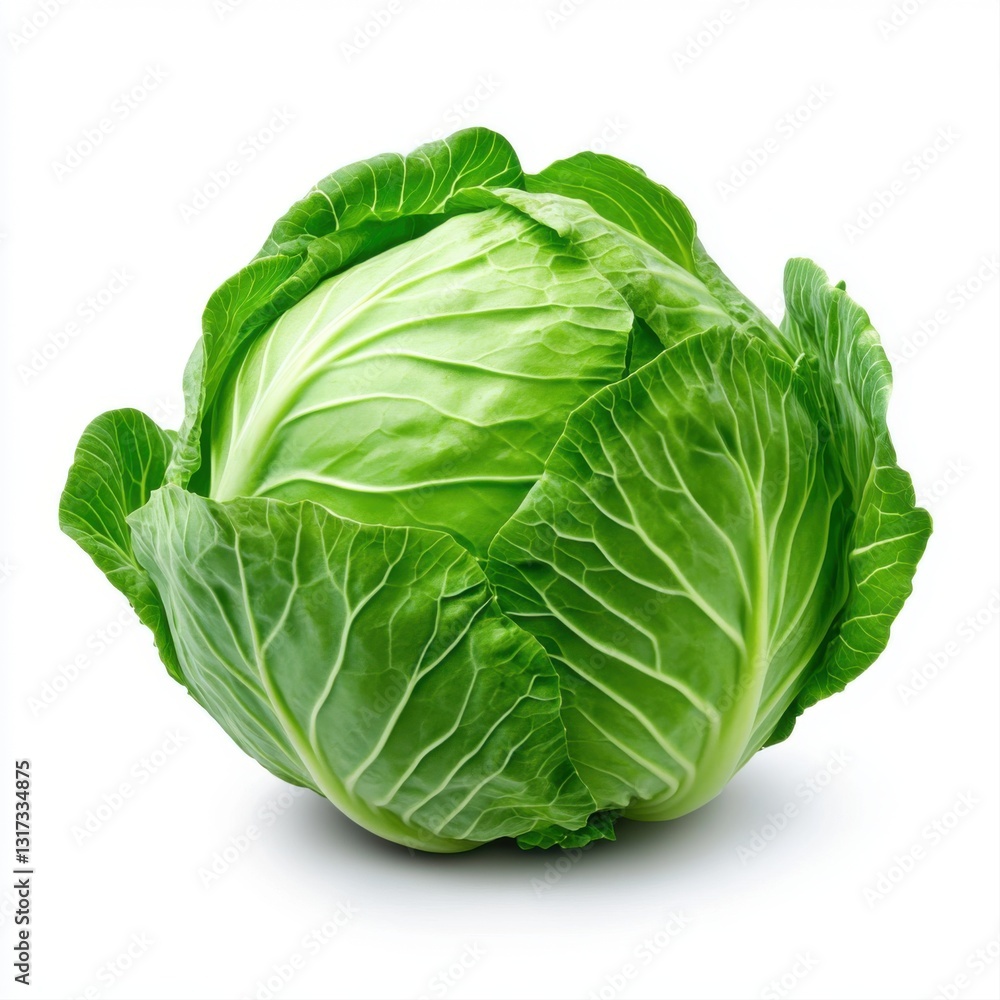 Obraz premium Fresh Green Cabbage with Crisp Leaves Isolated on White Background for Culinary and Dietary Usage