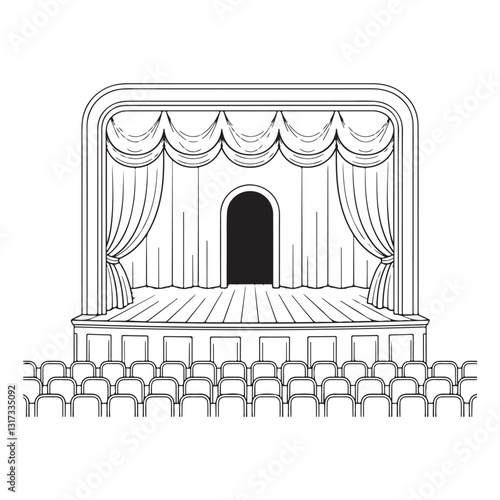 Line art theater stage seats arrangement curtain art vector	