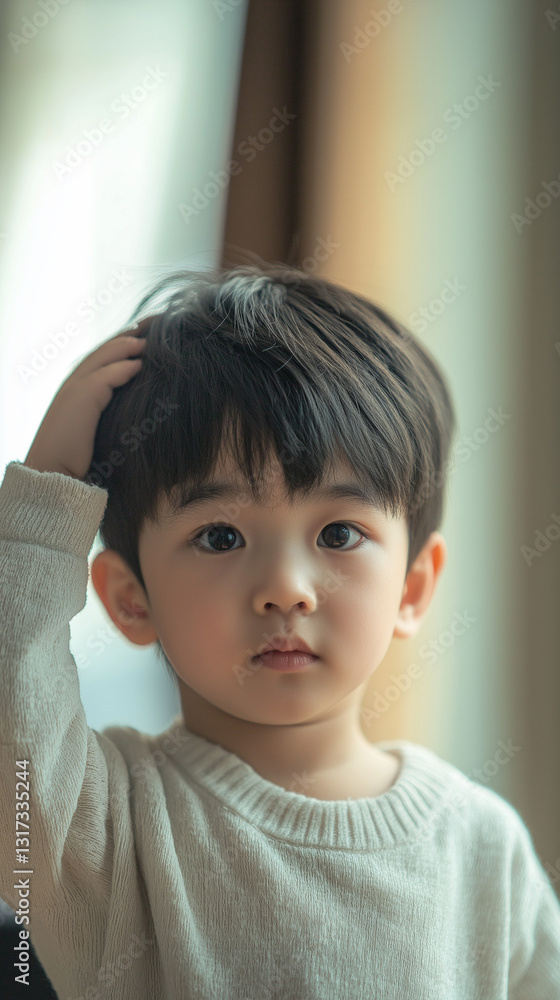Adorable toddler boy in cream sweater, hand on head. Adorable toddler boy in cream sweater, hand on head.