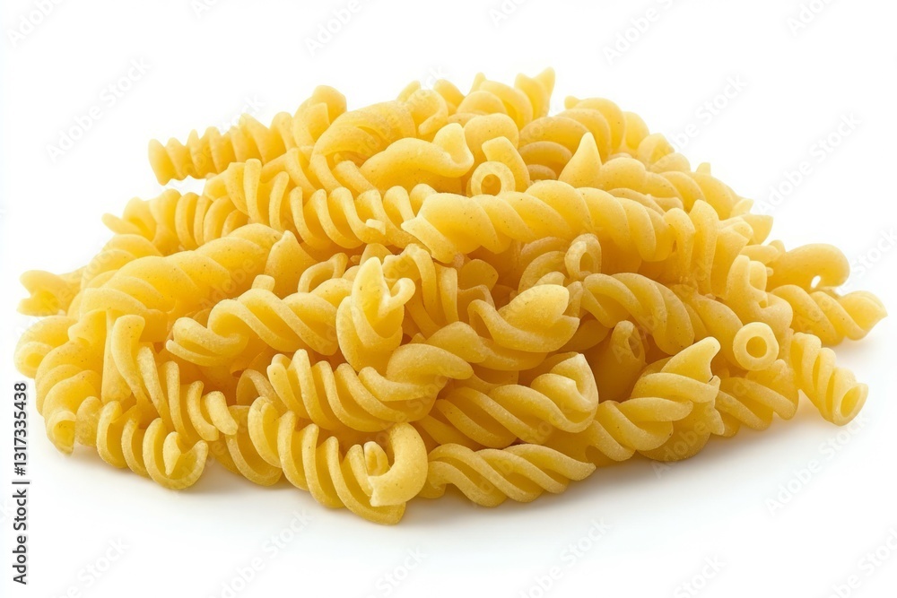 Uncooked fusilli pasta on solid white background. Artificial Intelligence image Uncooked fusilli pasta on solid white background. Artificial Intelligence image