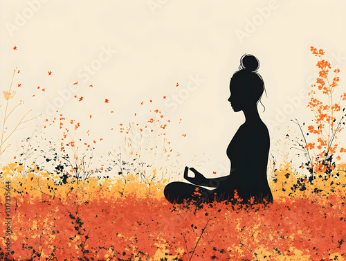 Peaceful meditation in nature. Silhouette of a woman meditating in a field of flowers