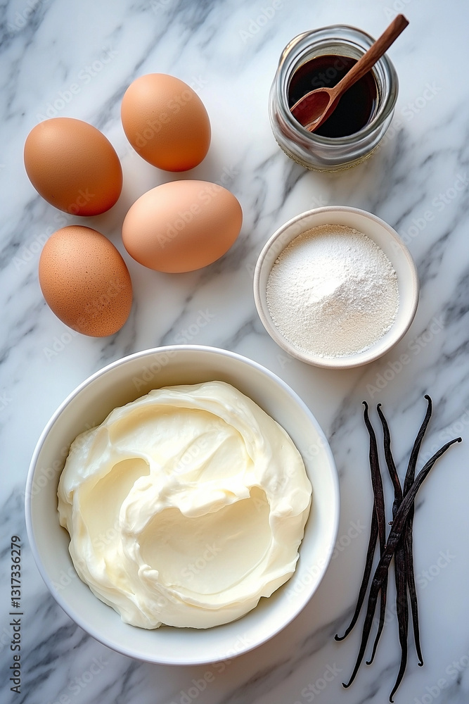 Creamy vanilla dessert ingredients: eggs, cream cheese, sugar, and vanilla beans. Creamy vanilla dessert ingredients: eggs, cream cheese, sugar, and vanilla beans.