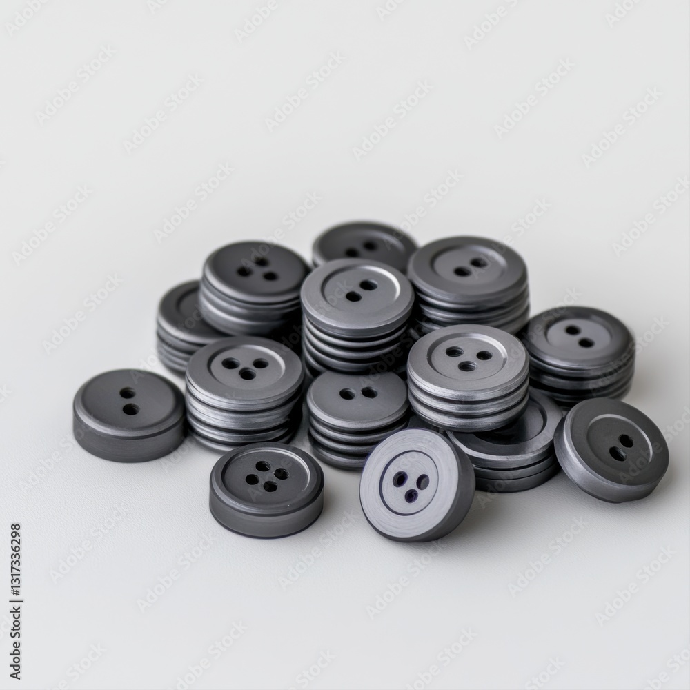 Collection of gray buttons with two holes arranged neatly on a light surface for sewing and crafting projects Collection of gray buttons with two holes arranged neatly on a light surface for sewing and crafting projects