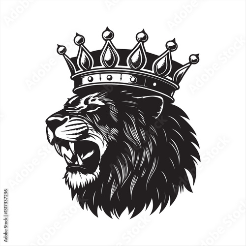 Black and White Vector Illustration of a Fierce Lion’s Head with Ornate Crown – Bold & Regal Design