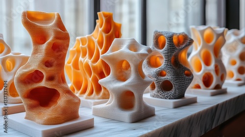 Unique artistic sculptures displayed on a marble surface, showcasing vibrant colors and intricate designs