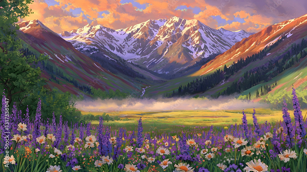 Fototapeta premium Majestic sunrise over snow-capped mountains and wildflowers. Perfect for travel brochures or nature documentaries