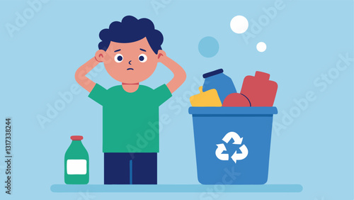 Recycling Bin Overflowing A recycling bin overflowing with plastic products while a worried child looks on symbolizing the struggle with recycling singleuse plastics.