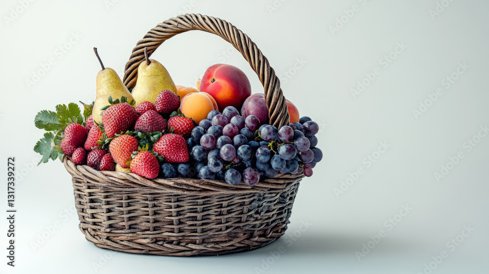 Basket of fresh fruits including strawberries, grapes, pears, and peaches on light background Basket of fresh fruits including strawberries, grapes, pears, and peaches on light background