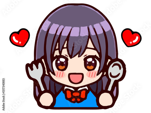 ご飯を食べる女子高生ちびキャラのイラスト素材