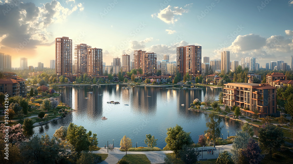 Fototapeta premium A poster of a city with a lake in front of it