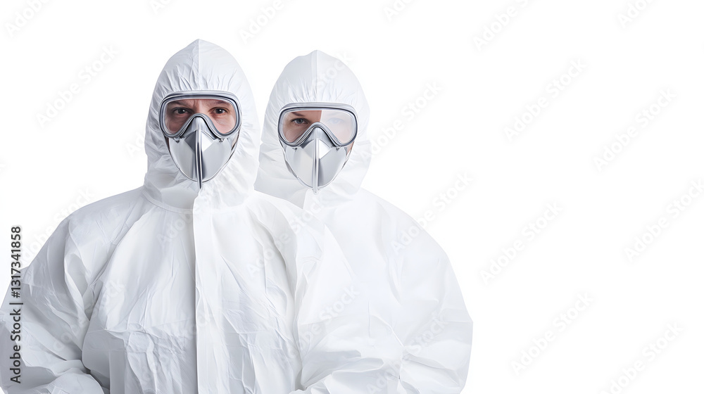 Two people in white hazmat suits with silver reflective accents, symbolizing protection in hazardous environments.
Two people in white hazmat suits with silver reflective accents, symbolizing protection in hazardous environments.