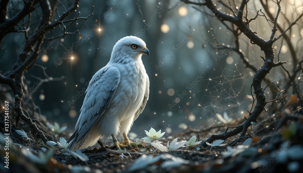 Fototapeta premium Majestic White Hawk in Mystical Forest Setting Fantasy Bird