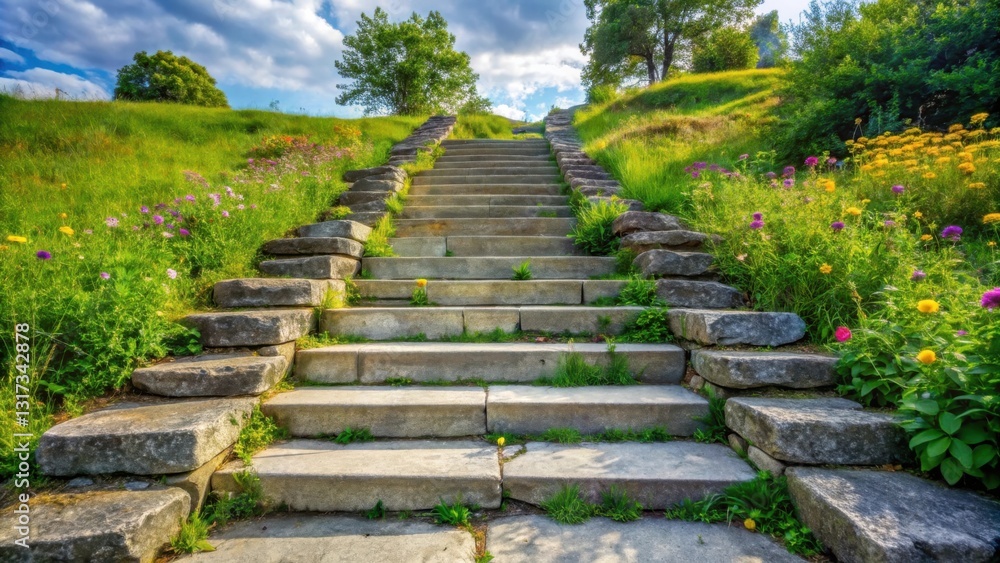 Stone Steps Leading Upward Through a Lush Meadow, Embellished with a Tapestry of Wildflowers and Vibrant Green Foliage Stone Steps Leading Upward Through a Lush Meadow, Embellished with a Tapestry of Wildflowers and Vibrant Green Foliage