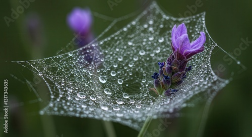 Wallpaper Mural Lavender Flower on Dew Covered Spiderweb Detailed Macro Close-up Torontodigital.ca