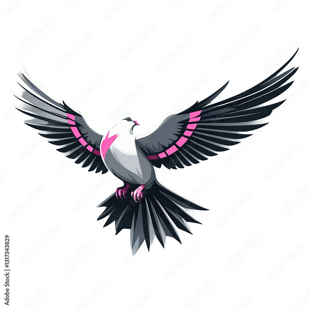 Fototapeta premium Illustration of a stylized bird with vibrant pink accents against a soft gray background, displaying its wings fully spread, signifying freedom and