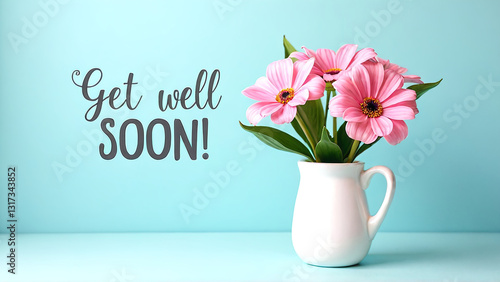Pink Gerbera Daisies in White Pitcher Get Well Soon Message