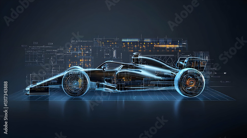 Abstract Wireframe Model of a Futuristic Formula One Race Car Speeding Through the City at Night with Blue Lights