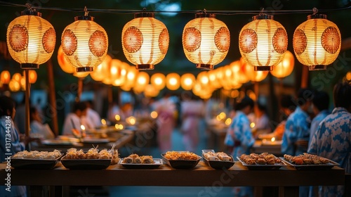 Japanese lantern festival food stalls at night