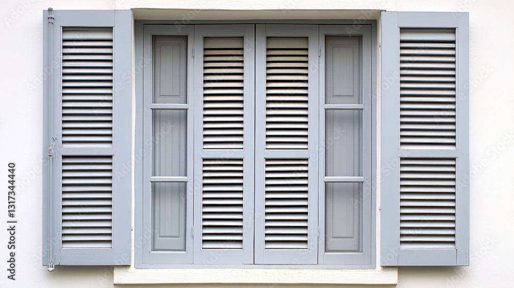 Grey wooden window shutters on a white wall. The shutters are partially open, revealing a window with multiple panes. The image is simple and clean. Grey wooden window shutters on a white wall. The shutters are partially open, revealing a window with multiple panes. The image is simple and clean.
