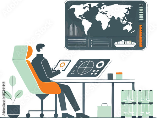Global Logistics and Shipping Control Center Data, Strategy, and Management . A person in a port control room sitting on a modern green chair interacting with a touchscreen device while monitoring.
