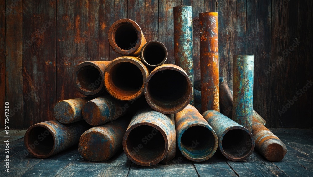 Rusty metal pipes stacked on wooden floor Rusty metal pipes stacked on wooden floor