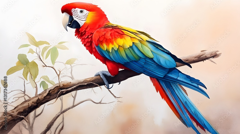 Obraz premium Scarlet Macaw Perched on Branch Vibrant Tropical Bird Wildlife Image