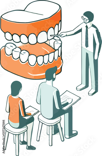 Dental Education . A dental surgery theory lesson on a pure white background. the illustration includes a simplified teacher figure