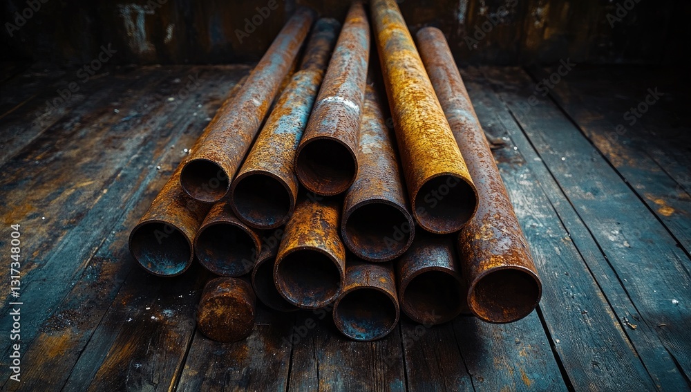 Stack of rusty metal pipes on wooden floor Stack of rusty metal pipes on wooden floor