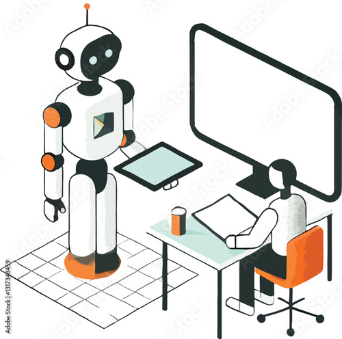 AI Collaboration .AI-powered 3d modeling. the image includes an abstract robot holding a tablet and a person seated at a desk.