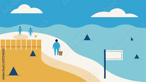 Privatized Beach Access A beach with white fences and Private Beach signs with people looking longingly from outside the fence unable to access the sand and water.