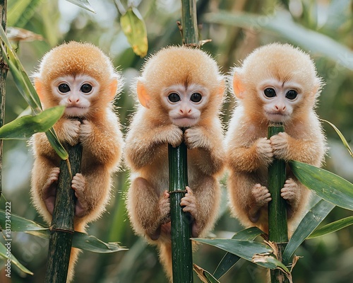 Three adorable golden monkey babies clinging to bamboo stalks.
