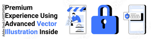 Shopping app display, padlock, and secured login on phone screen emphasize secure transactions. Ideal for e-commerce, cybersecurity, privacy, digital apps, authentication, online payments flat
