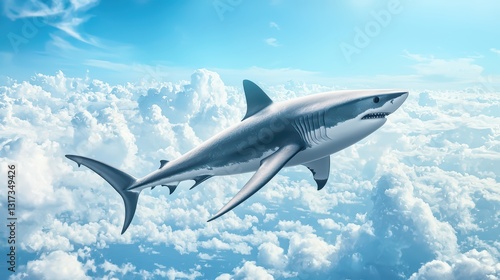 Surreal Shark Flying Through the Sky Like a Bird Against a Bright Blue Background