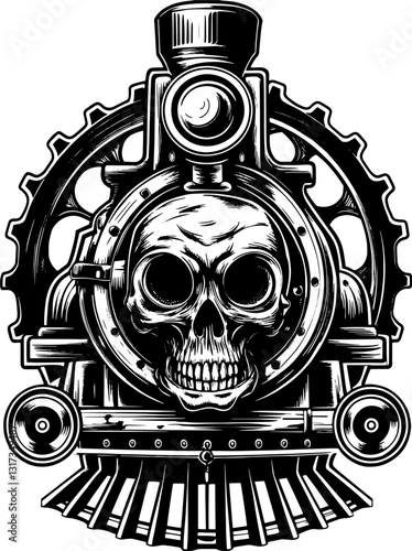 SVG vector features industrial steampunk skulls. Skull Design with Vintage Steam Engine Inspired Artwork