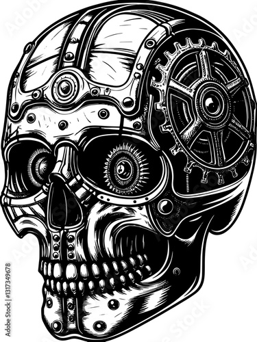 SVG vector features industrial steampunk skulls. Intricate Steampunk Skull Design with Gears and Mechanical Elements