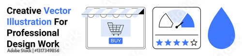 Shopping cart store awning, online rating display, speedometer gauge, and water drop element. Ideal for ecommerce, usability, consumer rating, shopping experience, speed analysis interface flat