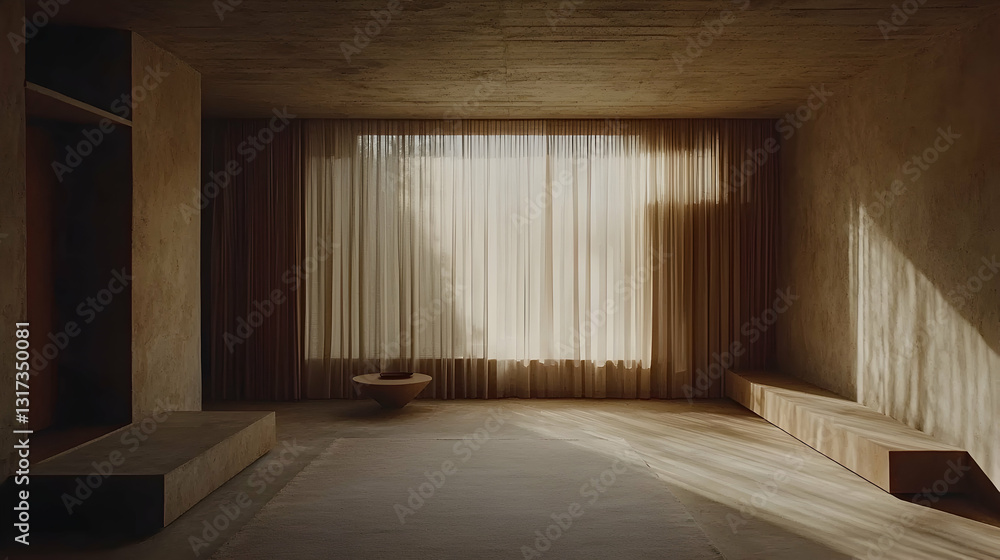 Fototapeta premium Minimalist interior design, sunlit room, beige walls, wooden benches, peaceful atmosphere, home decor inspiration
