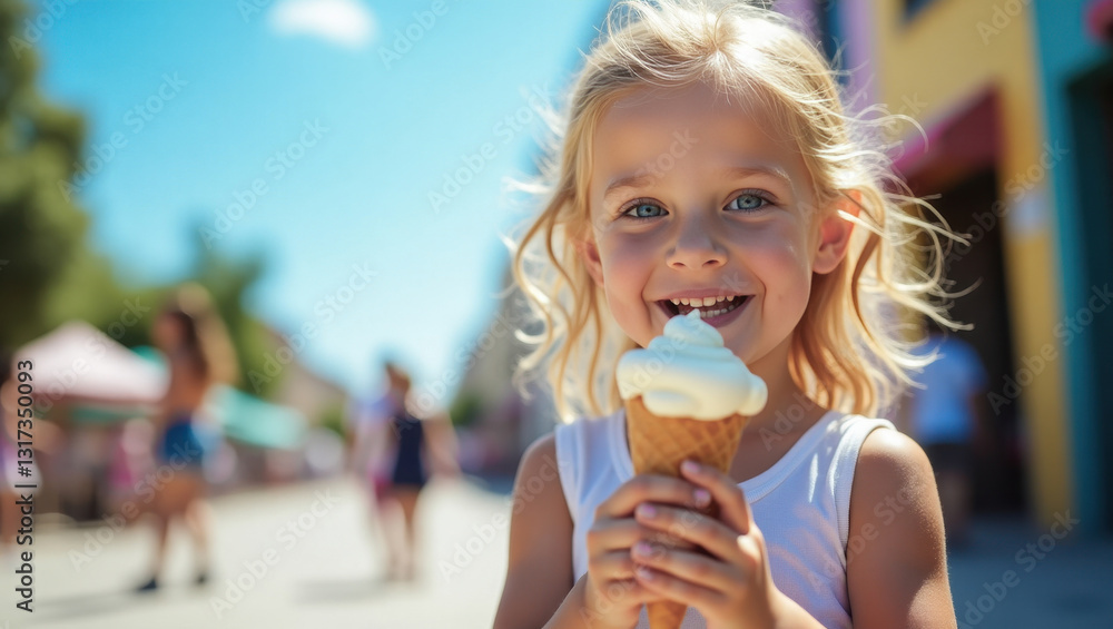 Happy kid enjoying ice cream at summer festival Happy kid enjoying ice cream at summer festival