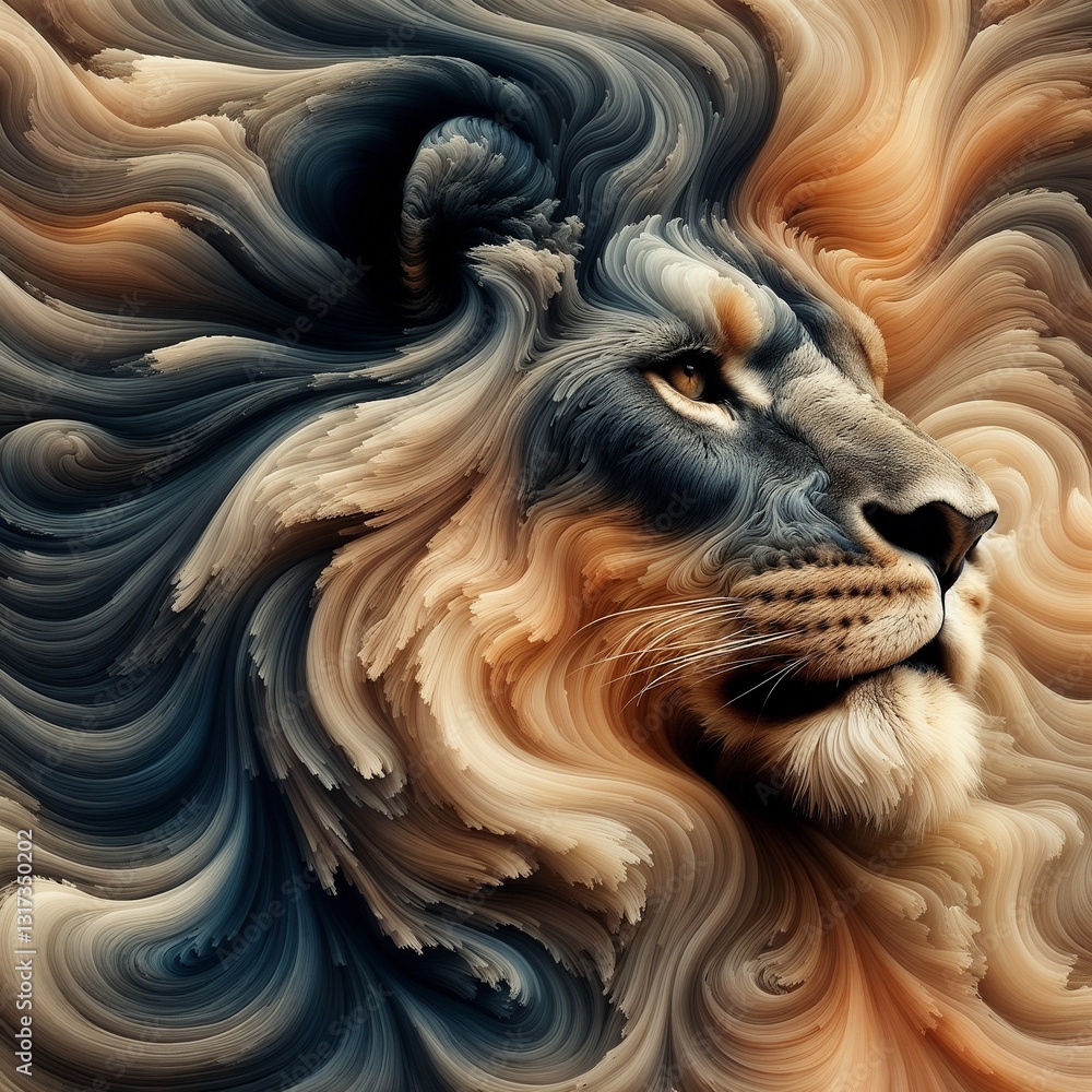 Naklejka premium Artistic lion head illustration with flowing mane design in vibrant colors and textures