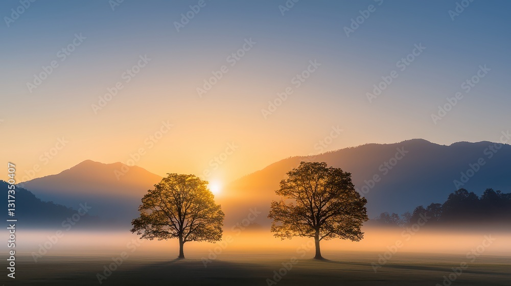 Obraz premium Two trees at dawn, misty sunrise landscape misty