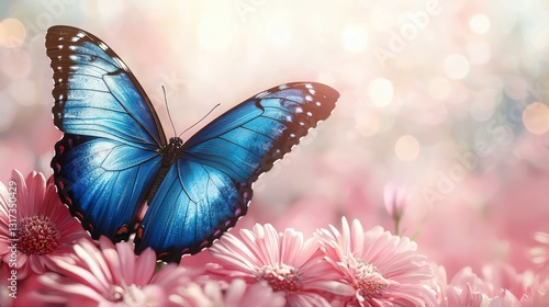 Vibrant blue butterfly amidst pink flowers, bokeh background, nature photo