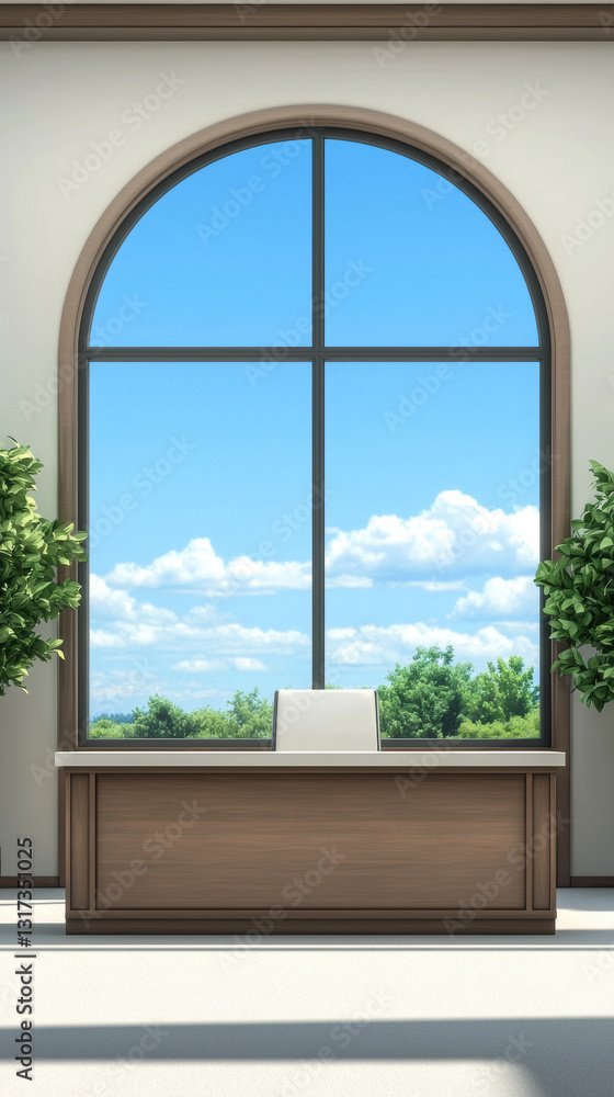 Fototapeta premium Modern office interior with large window and greenery