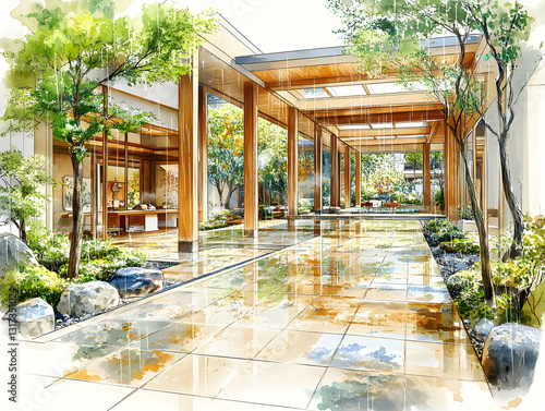Tranquil Rain-Kissed Courtyard