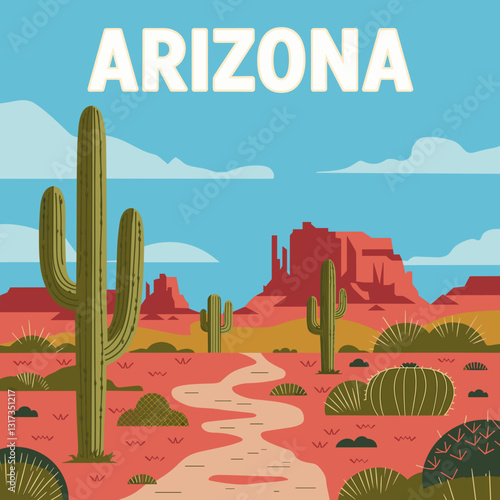 Vintage Arizona Desert Landscape Illustration