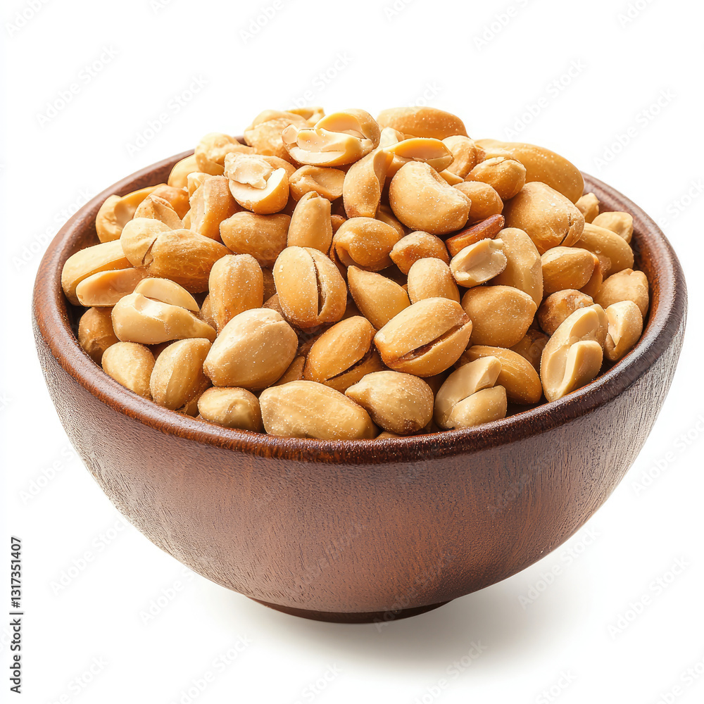 Roasted Peanuts in Wooden Bowl on white background Roasted Peanuts in Wooden Bowl on white background