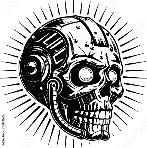 SVG vector features a mechanical skull in classic style. Futuristic Skull with Cybernetic Elements and Radiating Lines